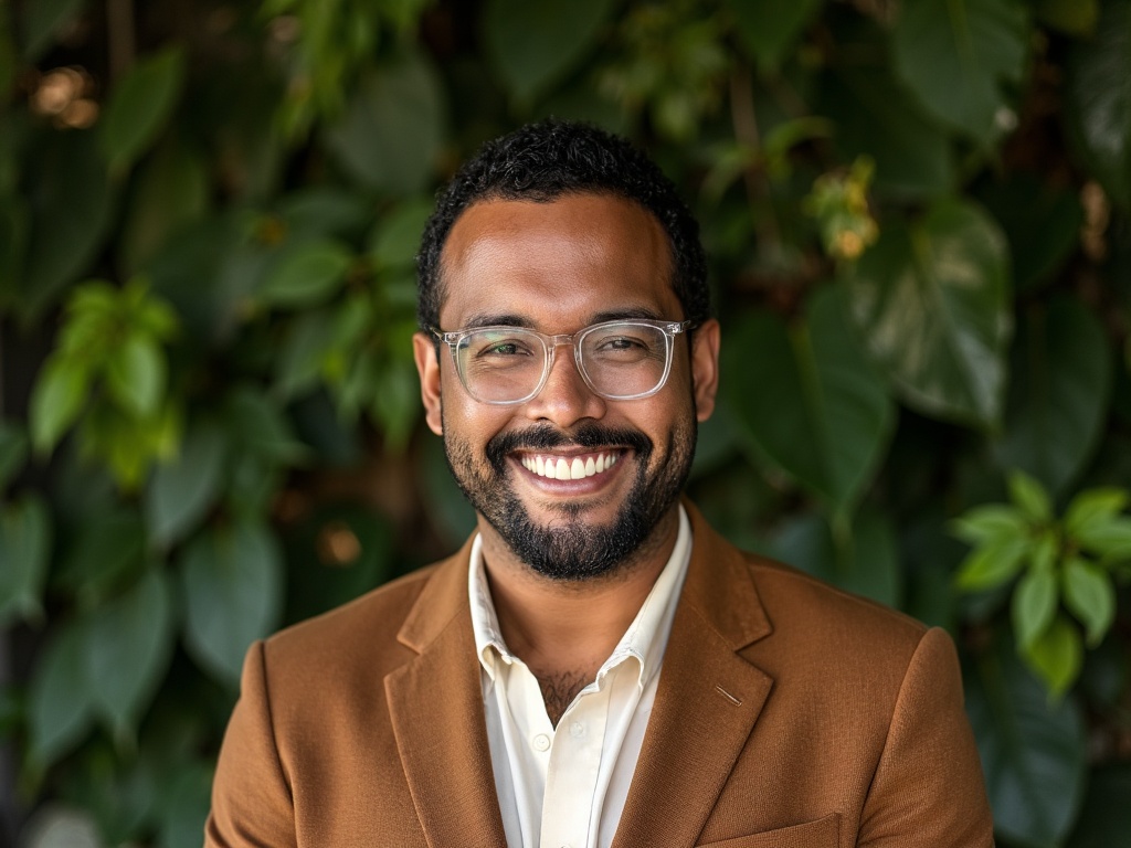 A professionally dressed man, looking directly at the camera. He wears a crisp white dress shirt paired with a brown suit ...